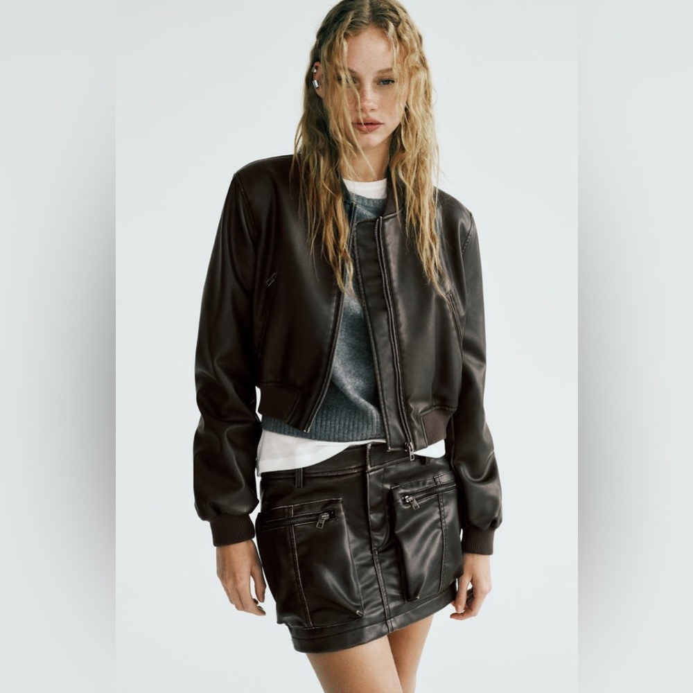 Black faux leather bomber
